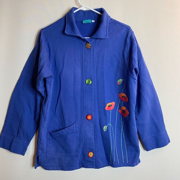 Two Lips Originals Artist Signed Art-to-Wear 4-Button Blue Jacket Size L - Picture 1 of 15